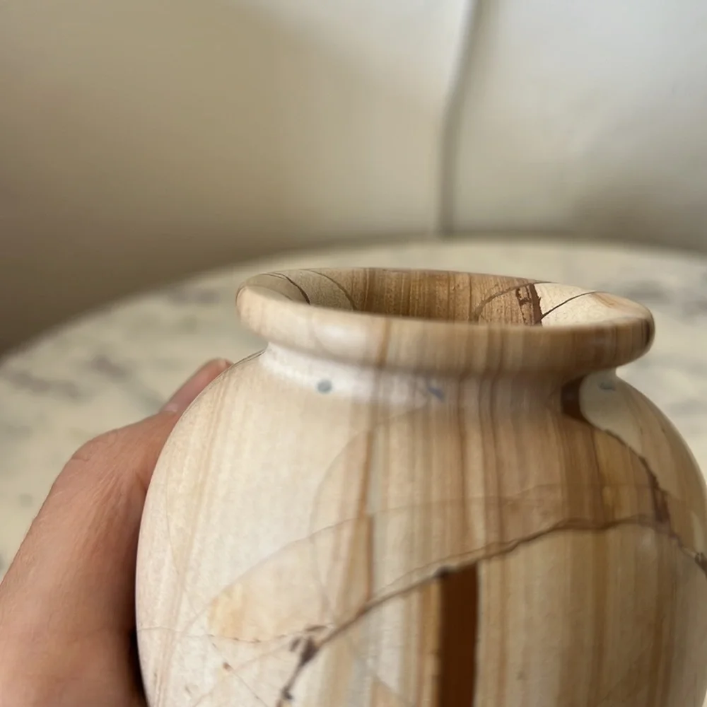 Vintage heavy small stone vase tan beige